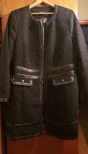 Black Boucle/Leather Trim Winter Coat